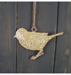 Metalen Hanger 10 cm Vogel lichtgroen met bloemenmotief
