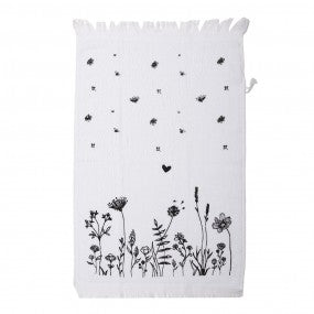 Gastendoekje Wit, Zwarte Bloemen 40x66 cm