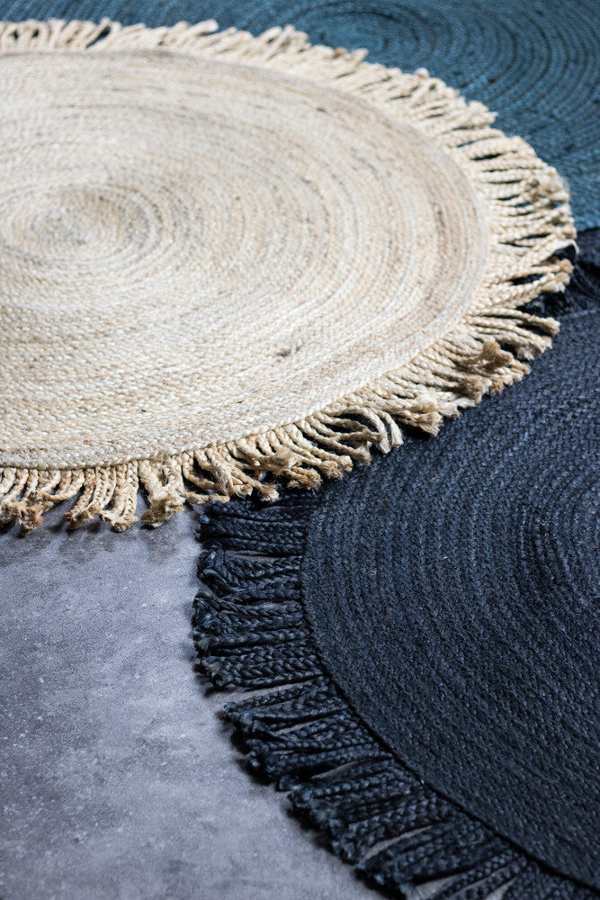 Jute vloerkleed zwart franjes Ø120cm