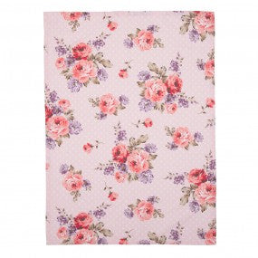 Theedoek 50x70 cm Roze Wit met stippen en bloemen
