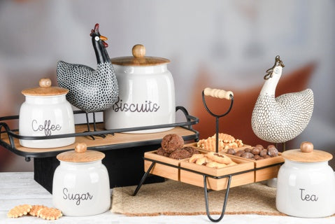 Bewaarpot 'Biscuits' Wit/zwart hout/metaal 16x16x17 cm