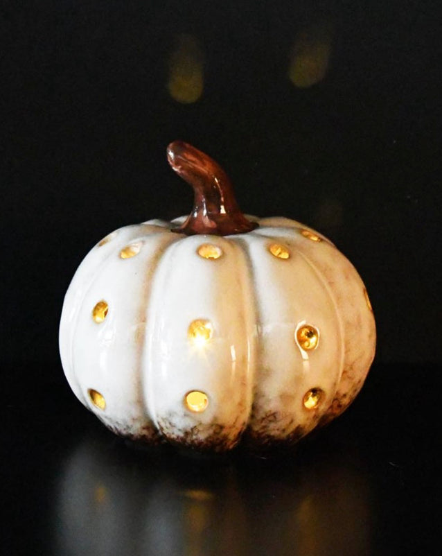 Deco pompoen wit/bruin porselein LED, 10x10x9cm