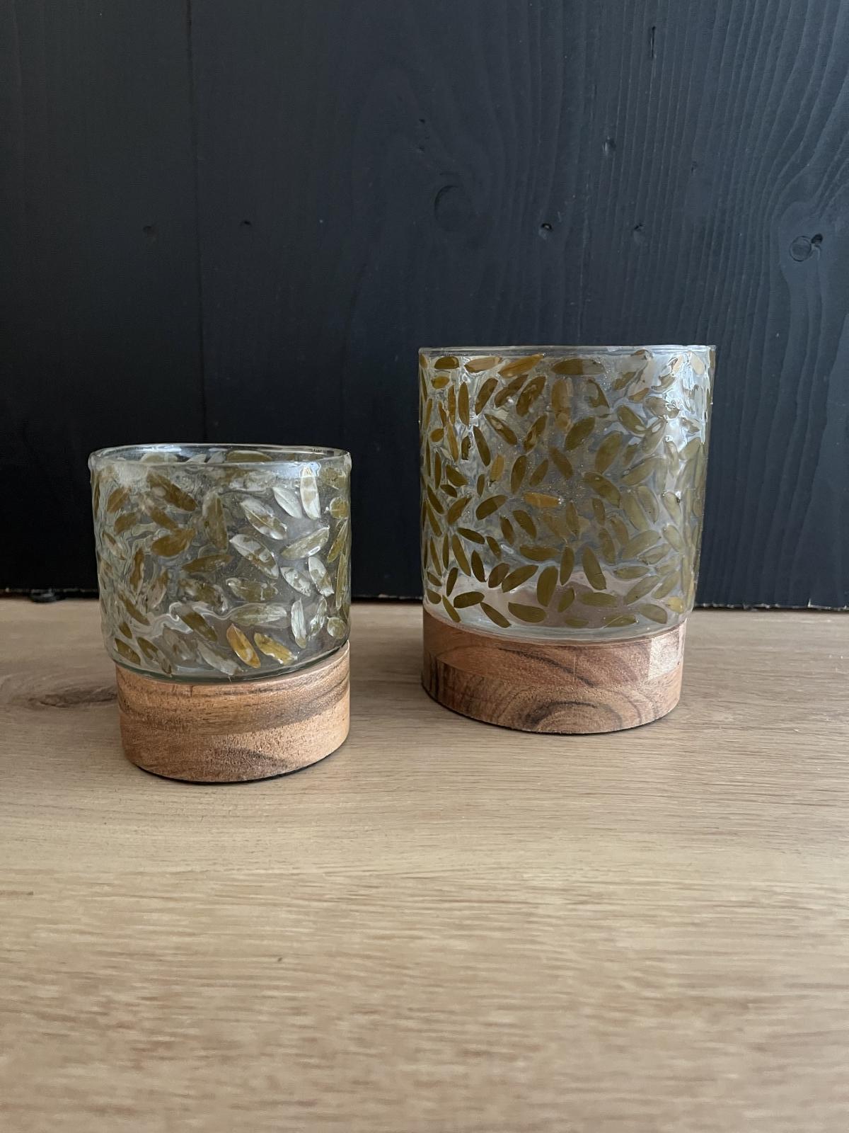 Theelichthouder Beans glas/hout 8 cm