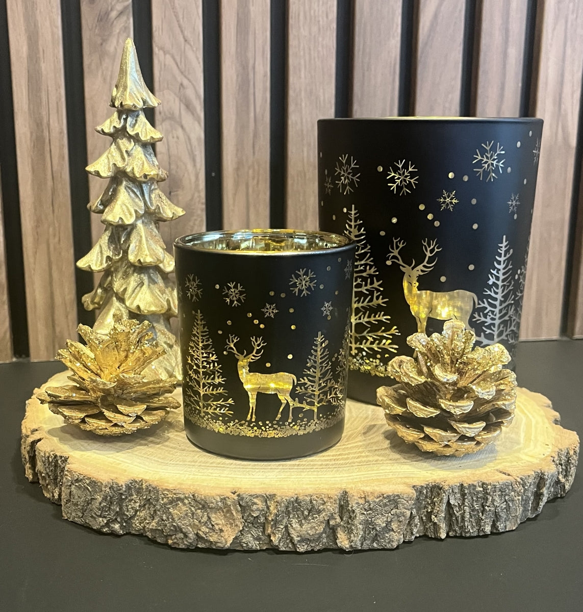 Windlicht Winterbos Decor van Glas zwart/goud 10x12x10 cm