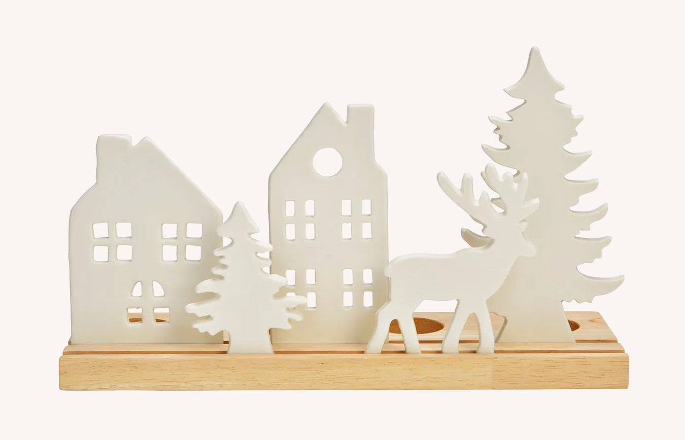 Advent Huis-Boom-Hert wit/hout 30x18x10 cm