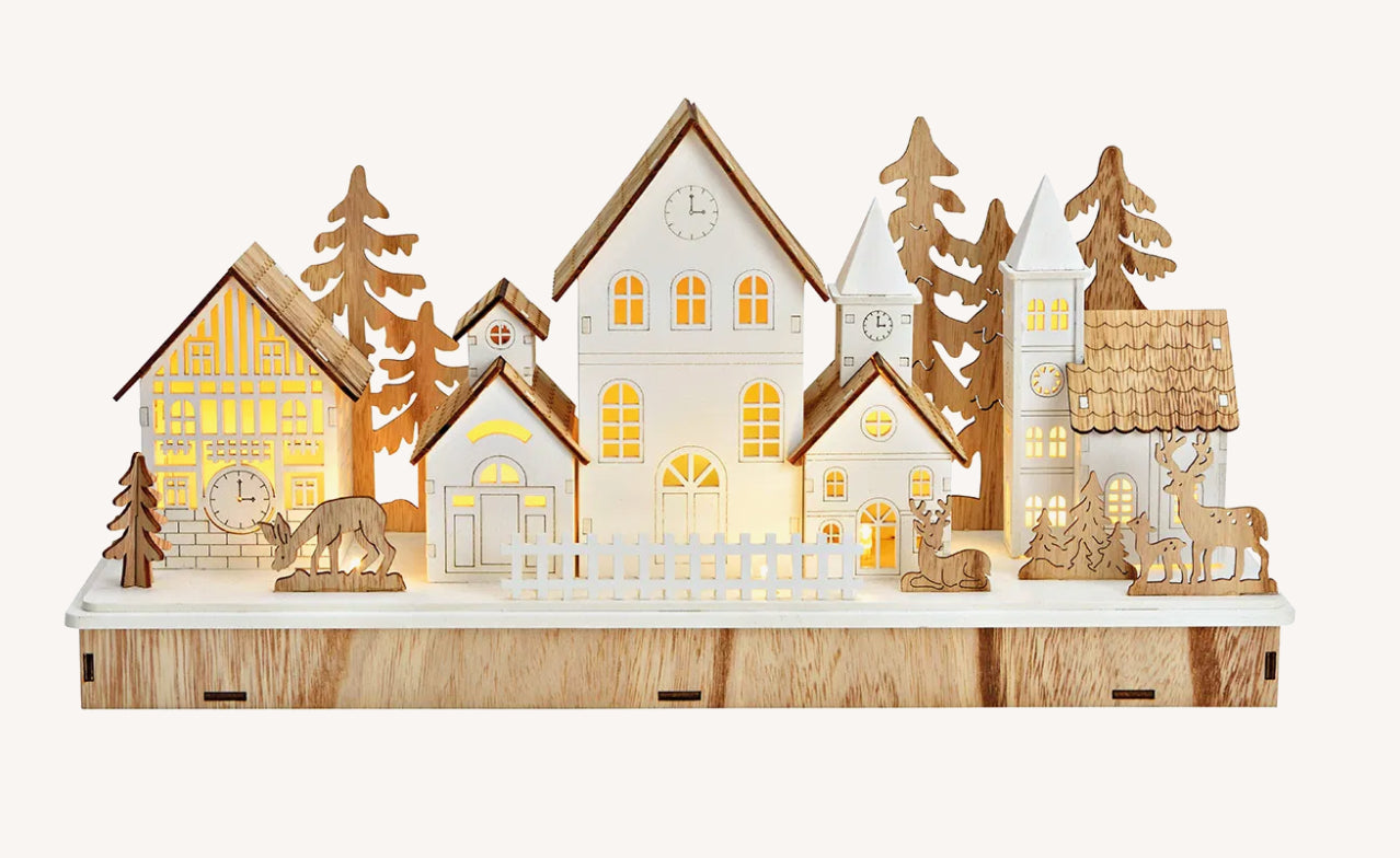 Winters tafereel LED lindehout wit 44x21x13cm