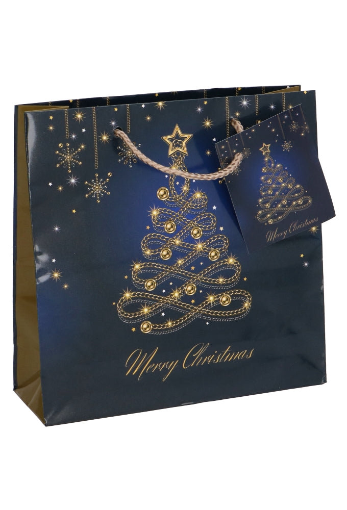 Tasje Vierkant Christmas Blue Tree Gold