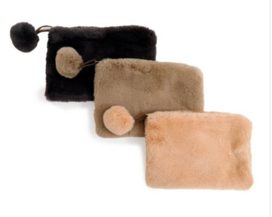 Make-up Tasje met Pom Pom Imitatiebont Taupe