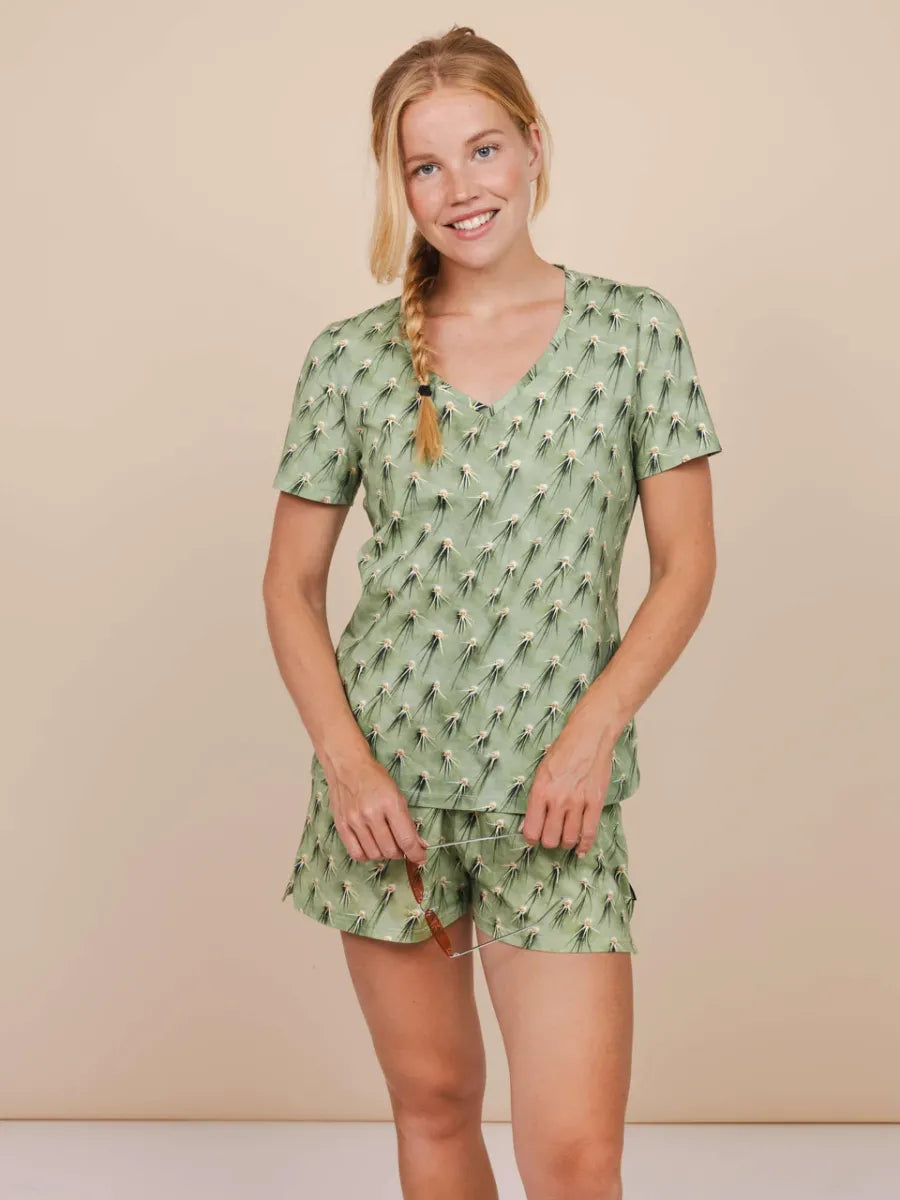 Cozy Cactus V-neck T-Shirt & Shorts set Women