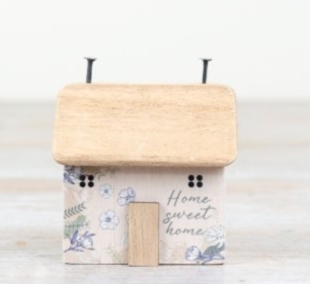 Houten huisje 8cm Home sweet home bloemen