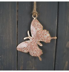 Metalen Hanger 8 cm Vlinder roze met bloemenmotief