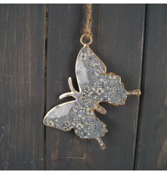 Metalen Hanger 8 cm Vlinder blauw met bloemenmotief