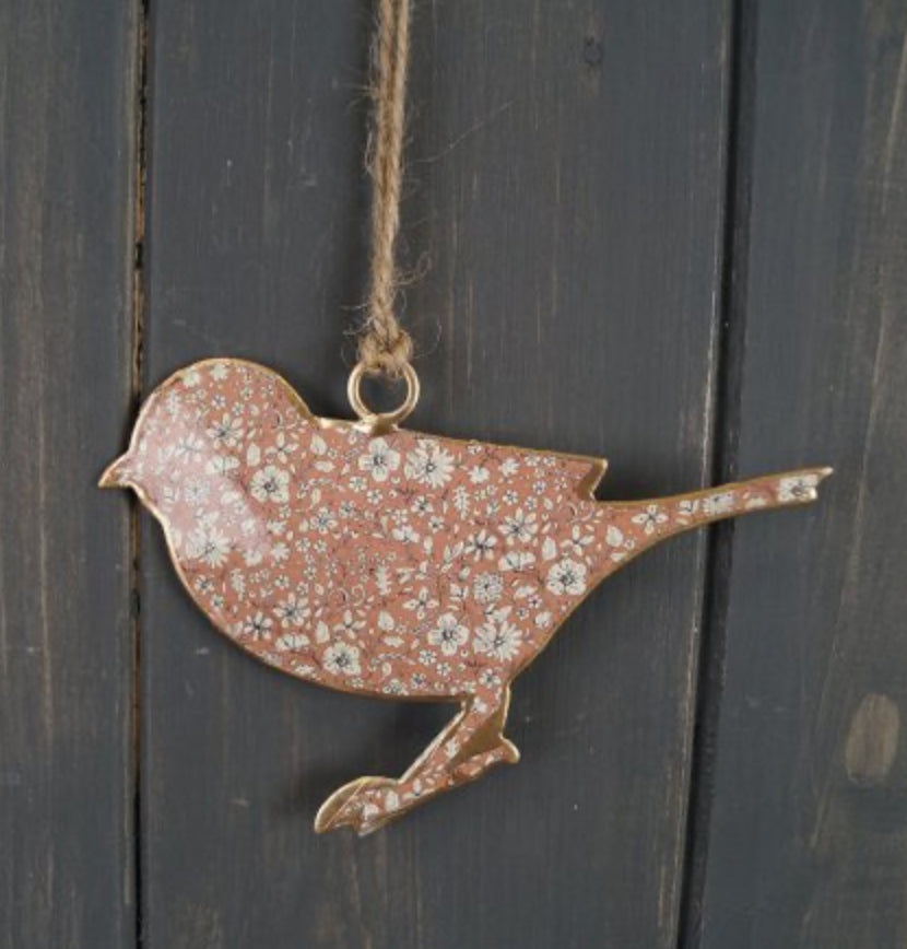 Metalen Hanger 10 cm Vogel roze met bloemenmotief