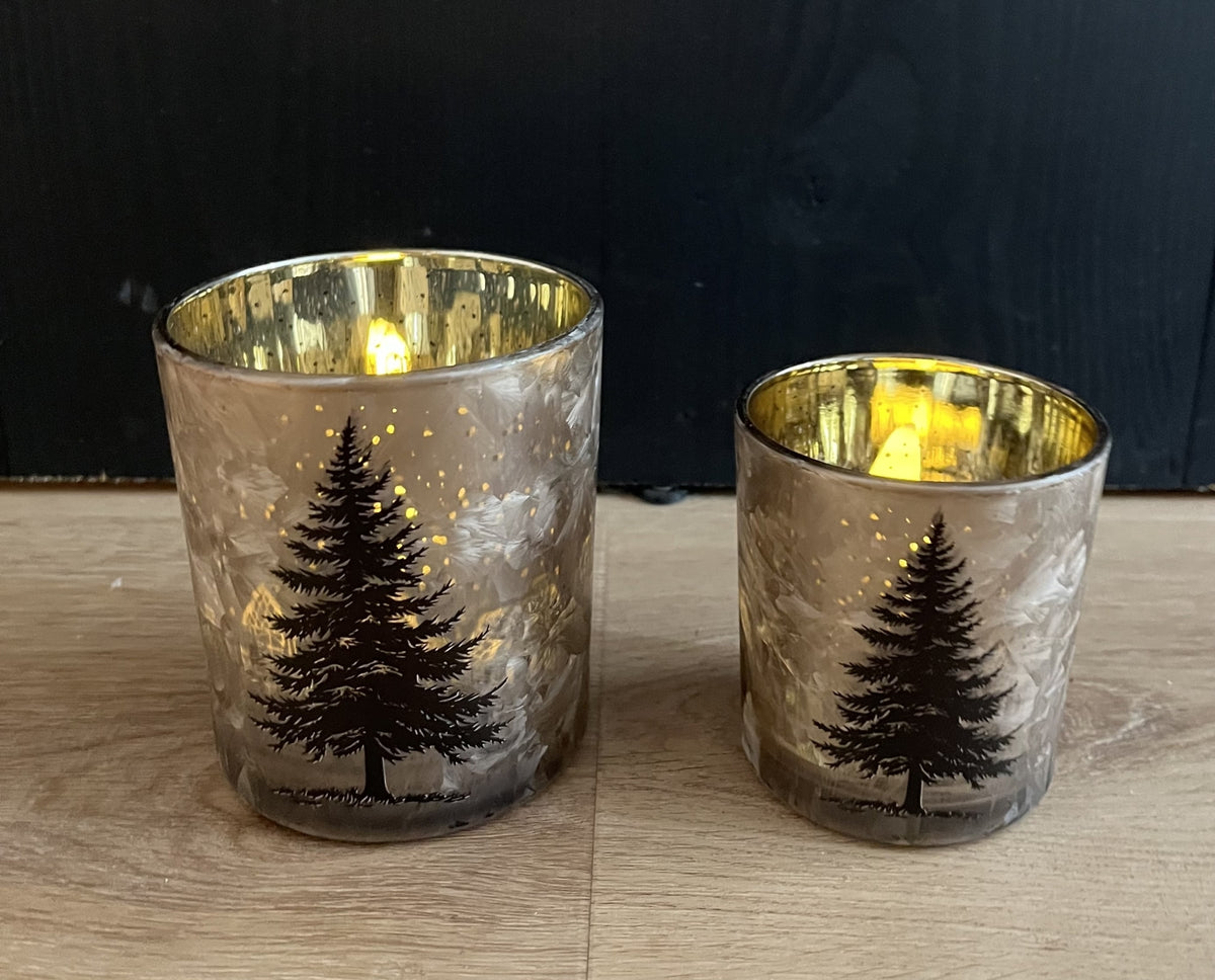 Windlicht Bruin zwart Kerstboom Large 9 x 10 cm