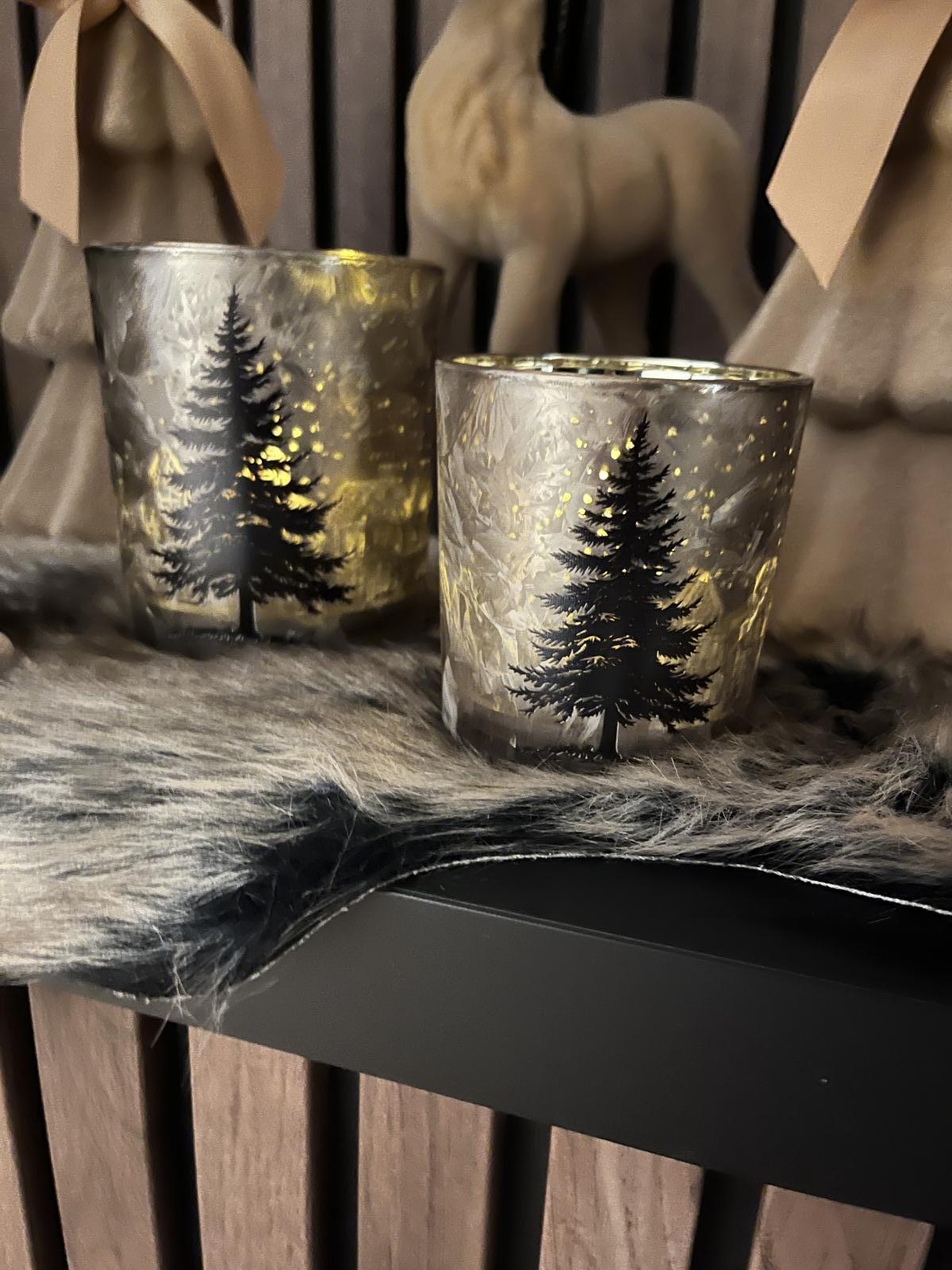 Windlicht Bruin zwart Kerstboom Large 9 x 10 cm