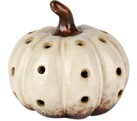 Deco pompoen wit/bruin porselein LED, 10x10x9cm