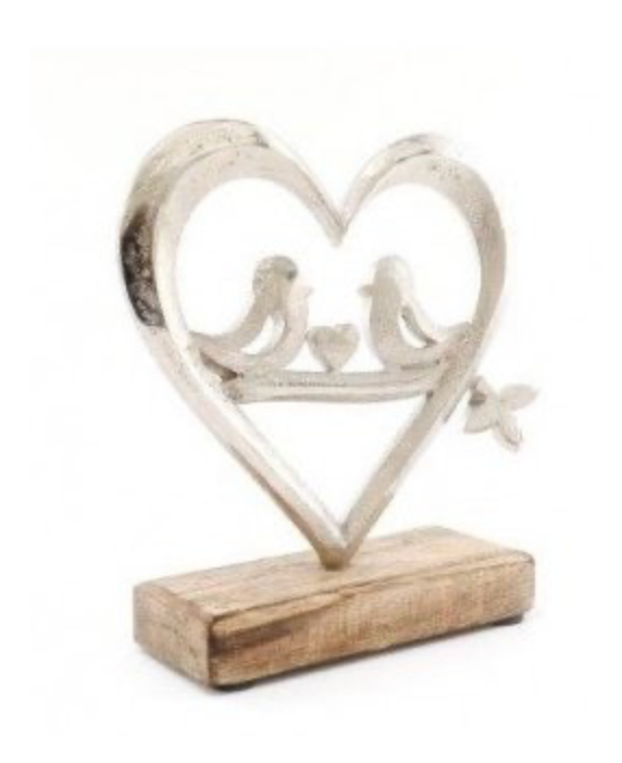 Ornament Hart en vogel op hout 18 cm