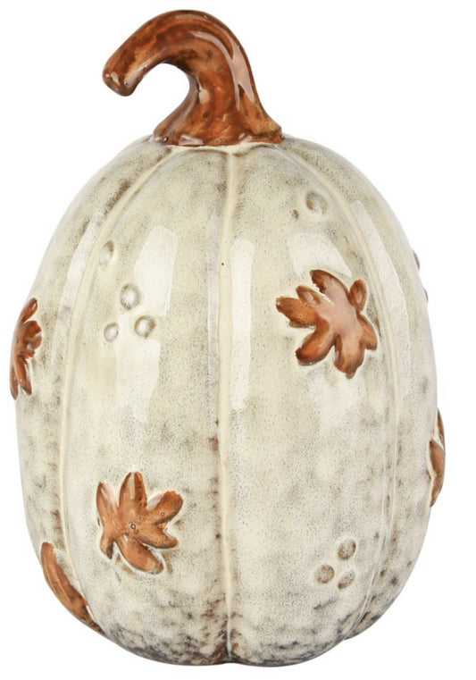 Deco Pompoen m/blaadjes wit/oranje porselein 12x11x16 cm