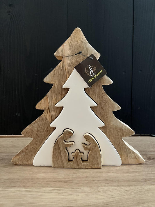 Kerststal boom puzzel naturel/wit hout, 23x4x23 cm