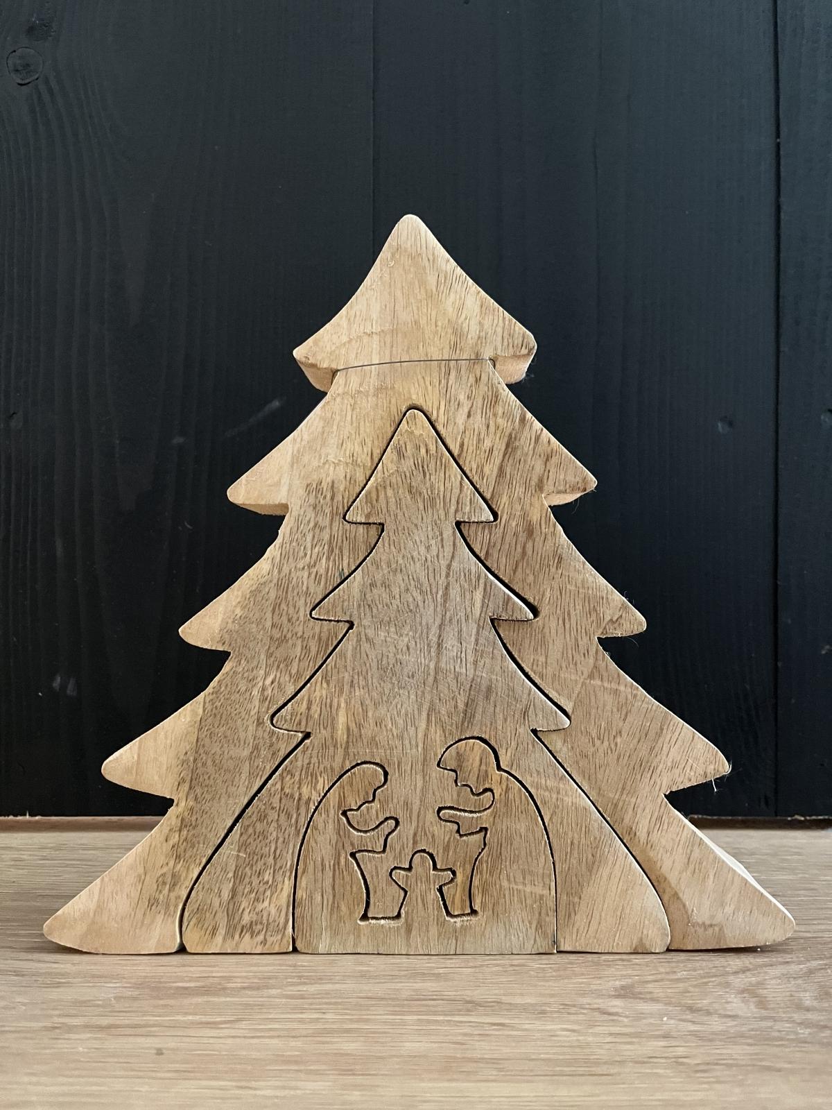 Kerststal boom puzzel naturel/wit hout, 23x4x23 cm
