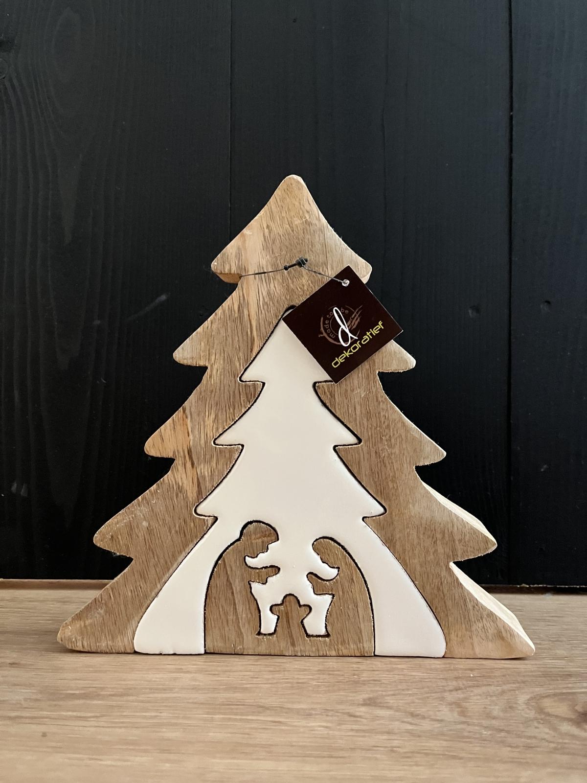 Kerststal boom puzzel naturel/wit hout, 23x4x23 cm