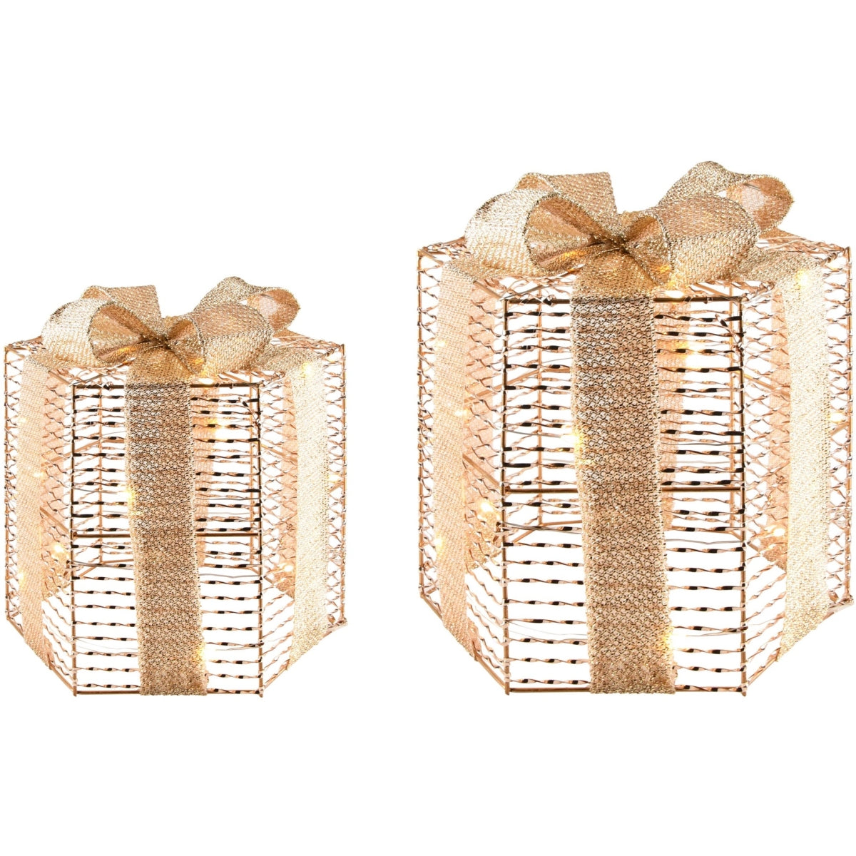 Set 2 cadeautjes goud LED 15x15x25 cm