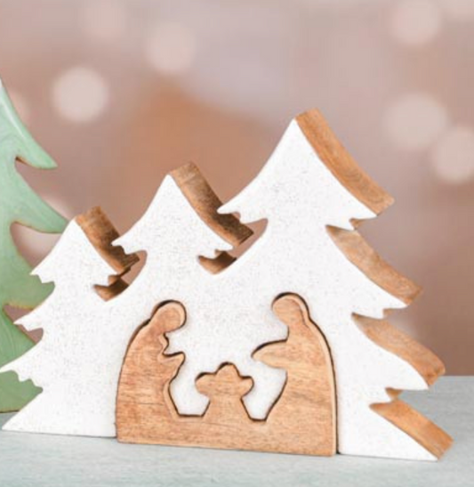 Kerststal boom puzzel naturel/wit hout/email, 19x4x14cm
