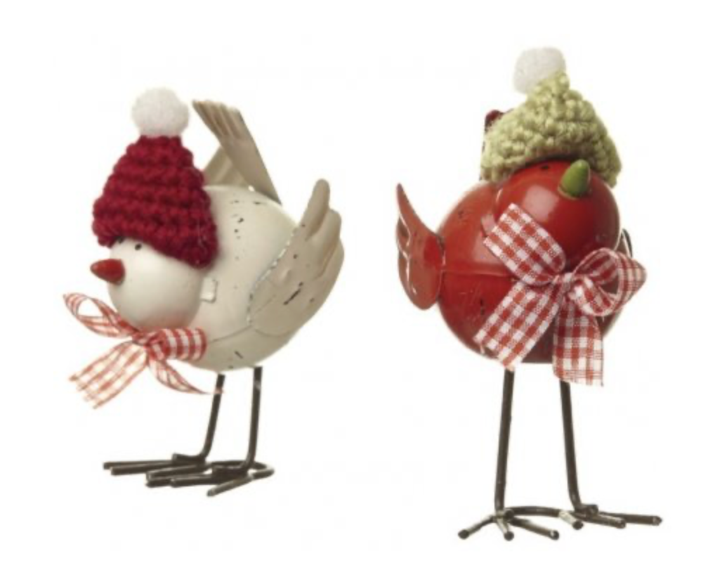 Metalen vogel met wintermuts 11 cm