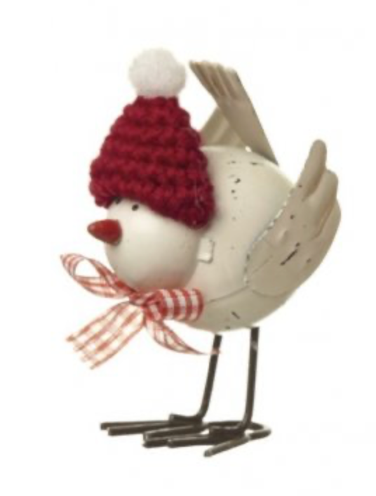 Metalen vogel met wintermuts 11 cm