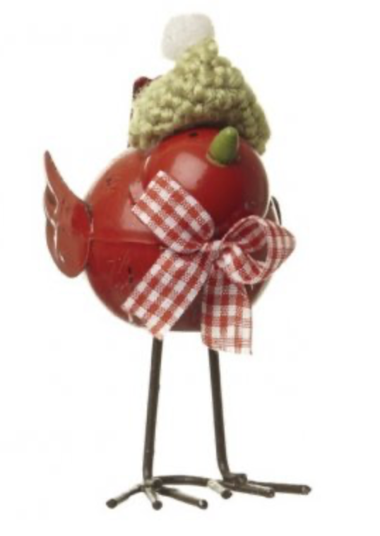 Metalen vogel met wintermuts 11 cm