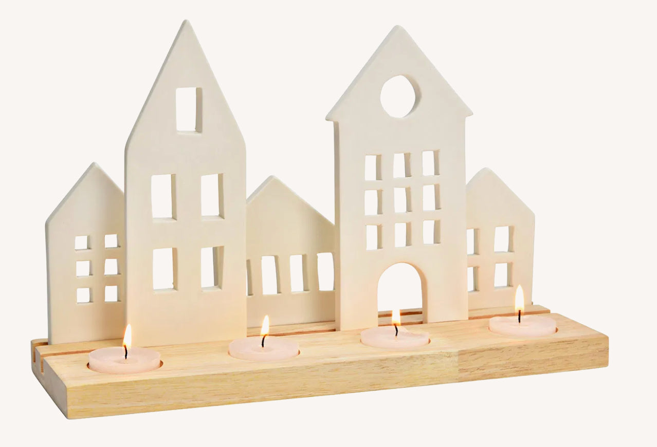 Advent arrangement Huis wit/hout 30x18x10 cm