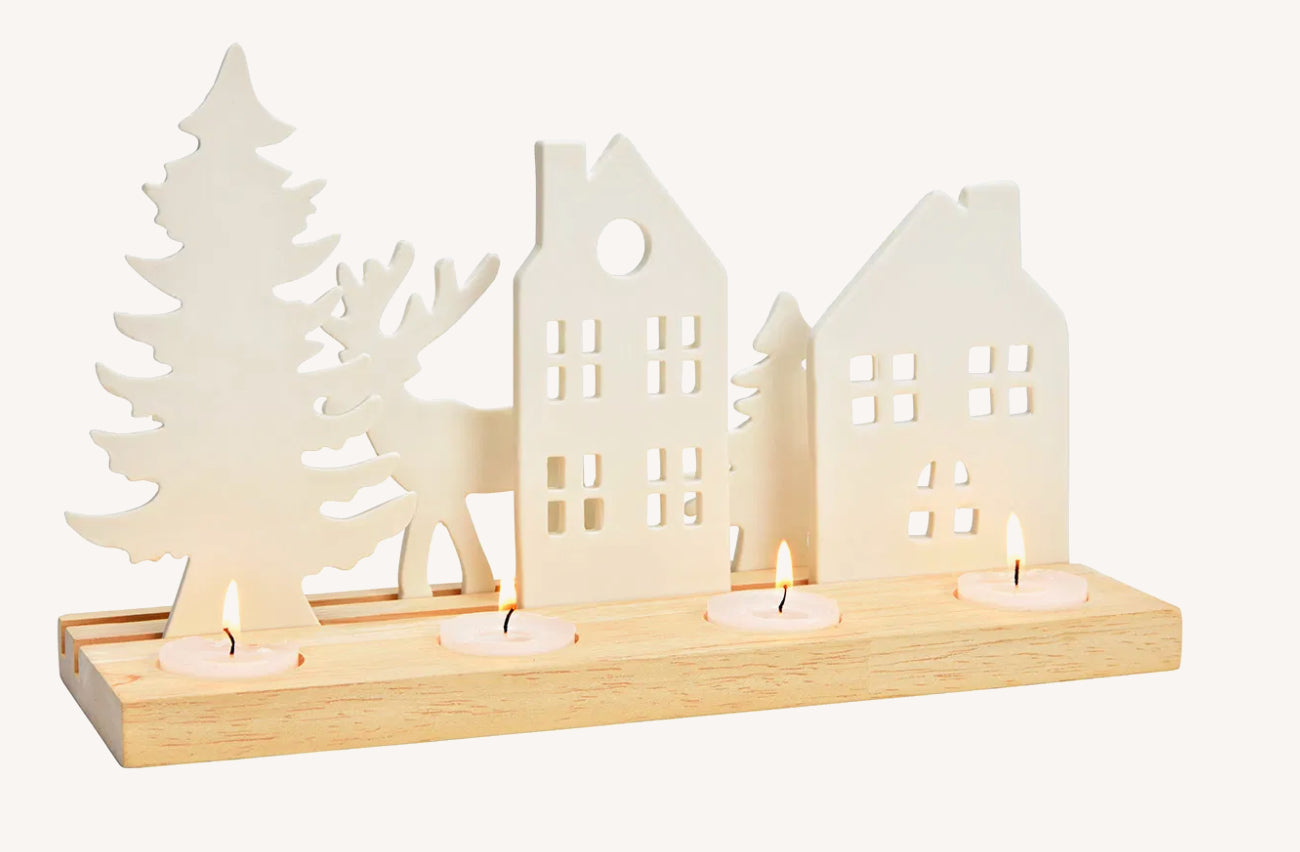 Advent Huis-Boom-Hert wit/hout 30x18x10 cm