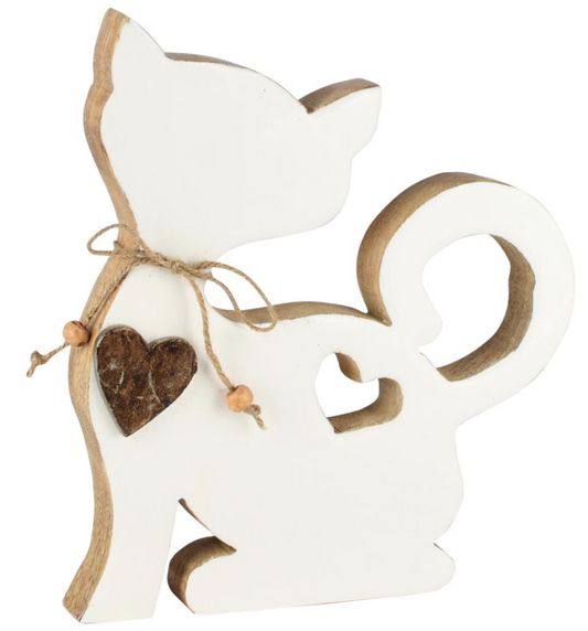 Deco kat puzzel naturel/wit hout, 19x3x22cm