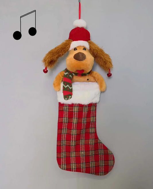 Muzikale hond in kerstlaars 60 cm rood